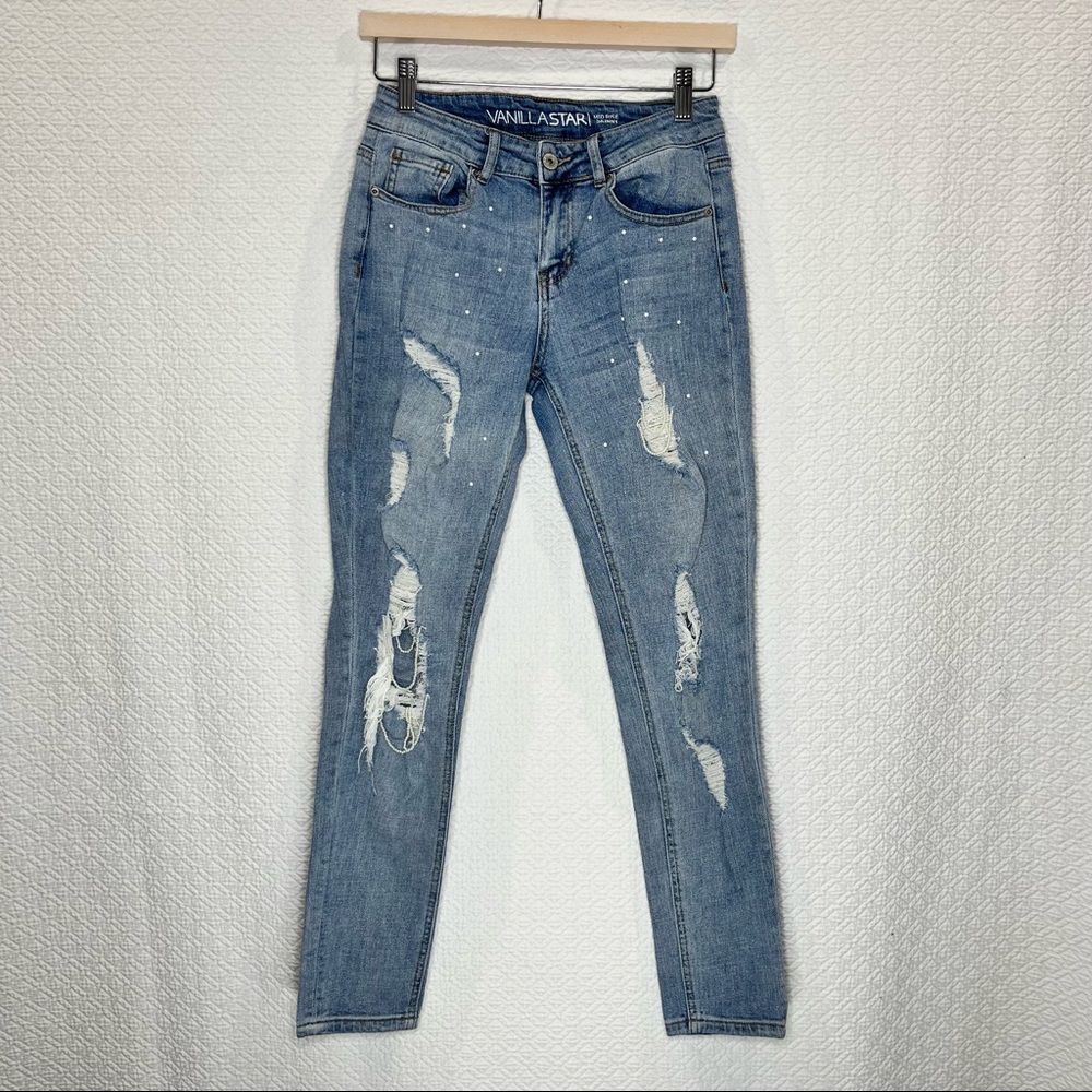 Vanilla Star Mid Rise Pearl Distressed Skinny Denim Jeans, Size 5